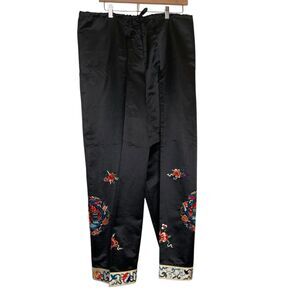 Asian Embroidered Black Flowy Wide Leg Pants Womens Leggings Drawstring XL